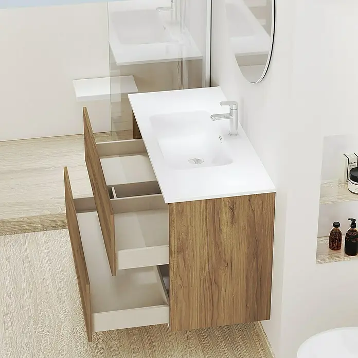 Artysan Conjunto de mueble de baño Basic 2C - Ancho: 90 cm, Ancho total del mueble de baño: 90 cm, Roble waira, 3 pzs. - Lavabo de baño moderno con acabado de madera y cajones abiertos para almacenamiento adicional. Un diseño elegante que eleva cualquier baño.