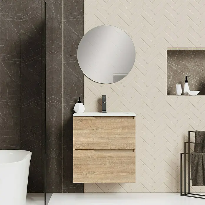 Artysan Conjunto de mueble de baño Zeus - Ancho: 60 cm, 3 pzs., Natural, Mate - Elegante lavabo de baño con acabado en madera y cajones, complementado con un espejo redondo y accesorios modernos.