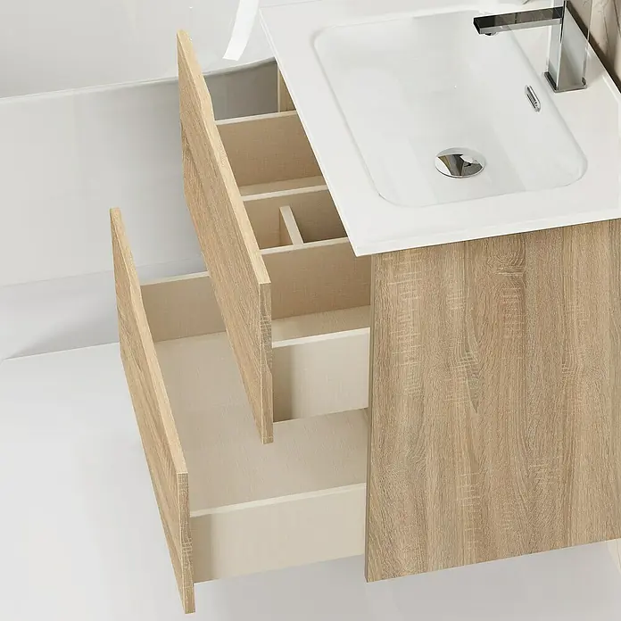 Artysan Conjunto de mueble de baño Zeus - Ancho: 60 cm, 3 pzs., Natural, Mate - La imagen muestra un mueble de baño con cajones abiertos en acabado de madera, complementado por un lavabo moderno.
