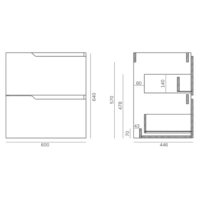 Artysan Mueble bajo de lavabo Zeus - L x An x Al: 44,6 x 60 x 64 cm, Natural - Representación de un moderno mueble de baño con medidas detalladas, ideal para la planificación y el diseño.