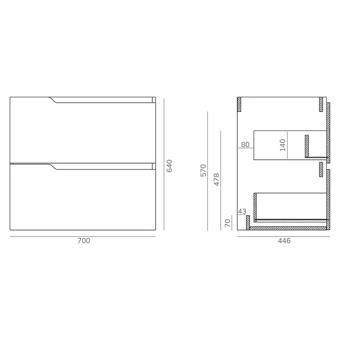 Artysan Mueble bajo de lavabo Zeus - L x An x Al: 44,6 x 70 x 64 cm, Natural - Dibujo de un lavabo con dos cajones. El dibujo incluye las dimensiones del mueble.