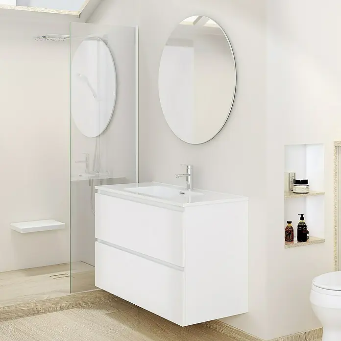 Artysan Conjunto de mueble de baño Basic 2C - Ancho: 90 cm, Ancho total del mueble de baño: 90 cm, Blanco, Mate, 3 pzs. - Baño con mueble de lavabo blanco, espejo ovalado y cabina de ducha. Diseño moderno para un baño elegante.