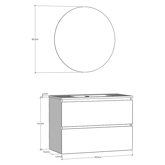 Artysan Conjunto de mueble de baño Basic 2C - Ancho: 90 cm, Ancho total del mueble de baño: 90 cm, Blanco, Mate, 3 pzs. - Vista detallada de un mueble de baño con cajones y un espejo redondo encima, se especifican las dimensiones.