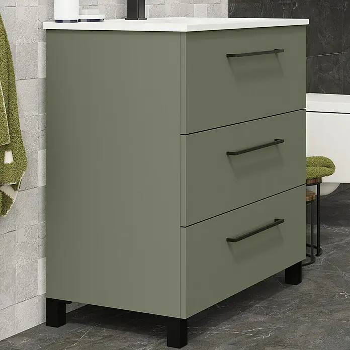 Artysan Conjunto de mueble de baño Arosa 3C - Ancho: 80 cm, 3 pzs., Verde musgo, Mate - Mueble de baño moderno en color oliva con tres cajones y tiradores negros para un ambiente elegante.