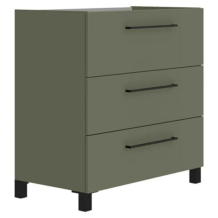 Artysan Mueble bajo de lavabo Arosa 3C - L x An x Al: 44,6 x 80 x 83,3 cm, Musgo - Un armario de cajones verde oliva con tres cajones y tiradores y patas negros para espacio de almacenamiento adicional.