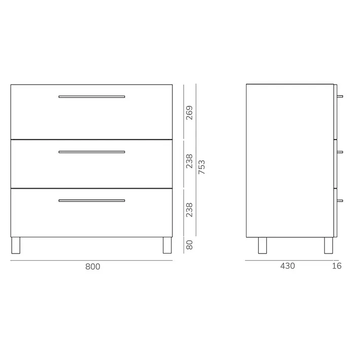 Artysan Mueble bajo de lavabo Arosa 3C - L x An x Al: 44,6 x 80 x 83,3 cm, Musgo - Dibujo técnico de un aparador de madera con tres cajones con tiradores, con dimensiones de 800 x 430 x 753 mm.