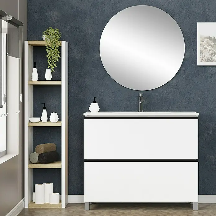 Artysan Mueble bajo de lavabo Barcelona 2C - L x An x Al: 44,6 x 100 x 83,3 cm, Blanco - Un interior de baño con un mueble de lavabo blanco, un espejo redondo y una estantería con objetos decorativos.