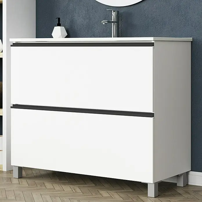 Artysan Mueble bajo de lavabo Barcelona 2C - L x An x Al: 44,6 x 100 x 83,3 cm, Blanco - Elegante mueble de baño blanco con dos cajones y elegantes tiradores negros, ideal para un diseño de baño moderno.