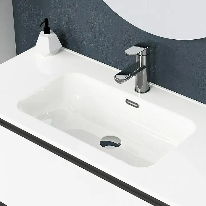 Artysan Mueble bajo de lavabo Barcelona 2C - L x An x Al: 44,6 x 100 x 83,3 cm, Blanco - Primer plano de un lavabo moderno con grifo, dispensador de jabón y un espejo redondo, ideal para baños.