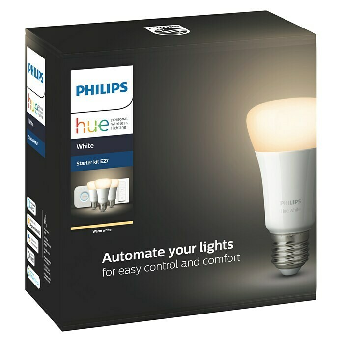 Philips Hue Ledverlichtingset Starter-Kit (E27, 9 W, Lichtkleur: Warm wit, Dimbaar)