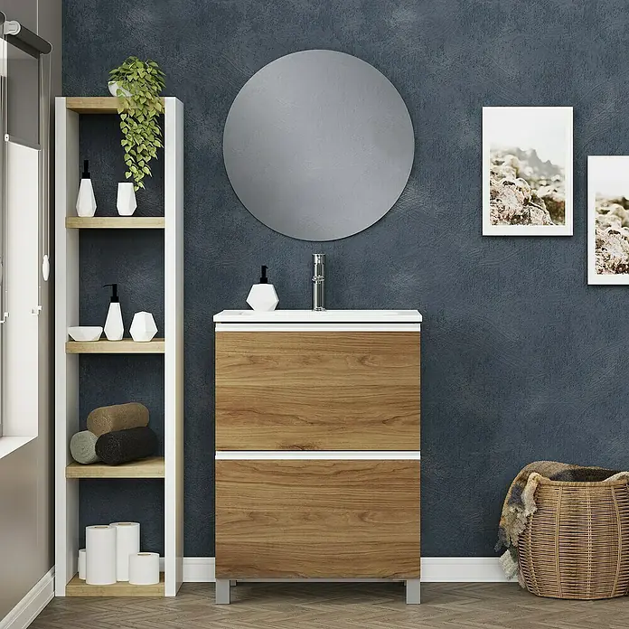 Artysan Mueble bajo de lavabo Barcelona 2C - L x An x Al: 44,6 x 70 x 83,3 cm, Roble waira - Un tocador de baño con dos cajones y una parte superior blanca, complementado por un espejo y estanterías.