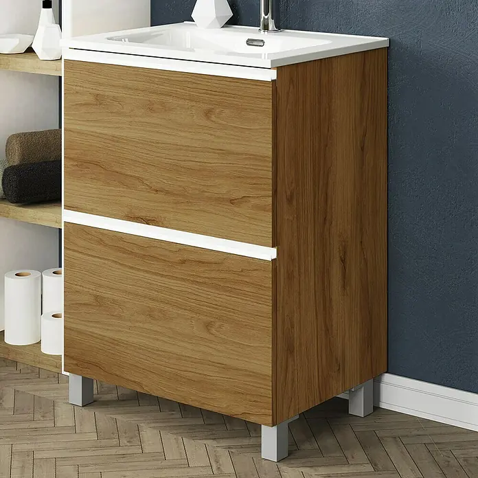 Artysan Mueble bajo de lavabo Barcelona 2C - L x An x Al: 44,6 x 70 x 83,3 cm, Roble waira - Elegante mueble de baño con aspecto de madera y lavabo blanco. El complemento perfecto para cualquier baño moderno.