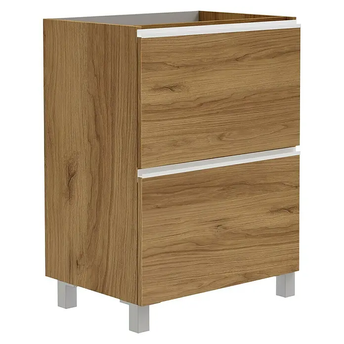 Artysan Mueble bajo de lavabo Barcelona 2C - L x An x Al: 44,6 x 70 x 83,3 cm, Roble waira - Un armario de baño con dos cajones en acabado de madera y detalles blancos, sobre patas delgadas de color plata.