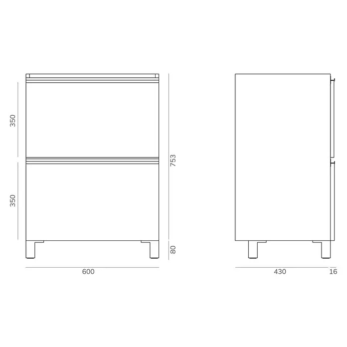 Artysan Mueble bajo de lavabo Barcelona 2C - L x An x Al: 44,6 x 60 x 83,3 cm, Nature - Imagen de una representación gráfica de un mueble bajo lavabo con dimensiones 600x430x753mm.