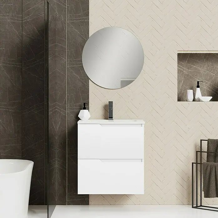 Artysan Conjunto de mueble de baño Zeus - Ancho: 60 cm, 3 pzs., Blanco, Mate - La imagen muestra un baño moderno con un tocador blanco con lavabo, un espejo redondo y accesorios elegantes.