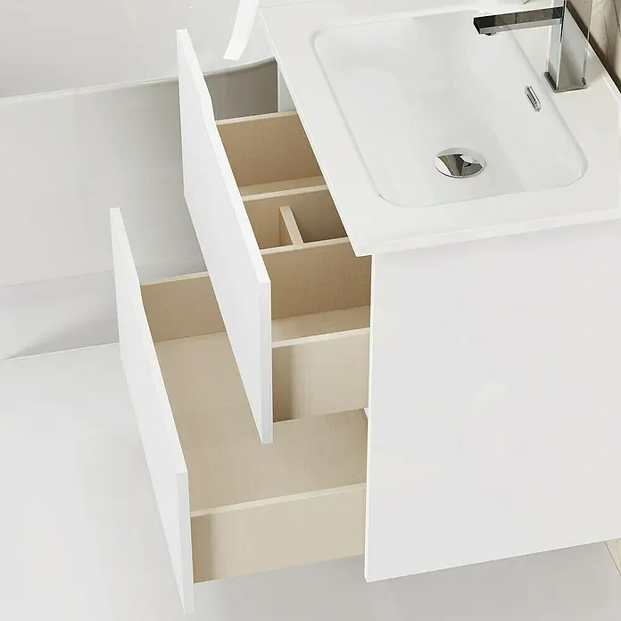 Artysan Conjunto de mueble de baño Zeus - Ancho: 60 cm, 3 pzs., Blanco, Mate - Mueble de baño blanco con cajones abiertos y compartimentos para utensilios de baño, con un diseño moderno con lavabo y grifo.