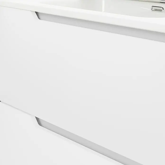 Artysan Conjunto de mueble de baño Zeus - Ancho: 60 cm, 3 pzs., Blanco, Mate - Primer plano de un moderno mueble de baño blanco con cajones y tiradores integrados. Diseño elegante para un baño con estilo.