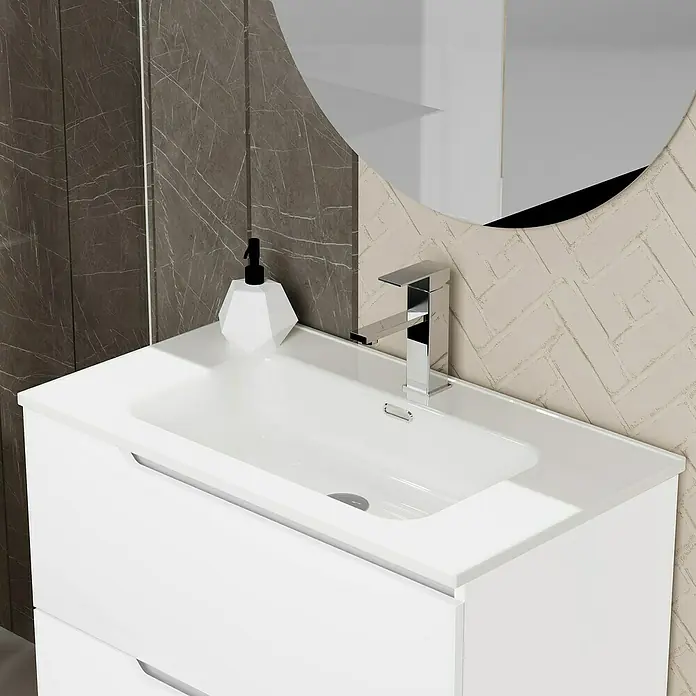 Artysan Conjunto de mueble de baño Zeus - Ancho: 80 cm, 3 pzs., Blanco, Mate - Elegante lavabo con mueble blanco, grifo y dispensador de jabón. El diseño moderno se adapta perfectamente a cualquier baño.