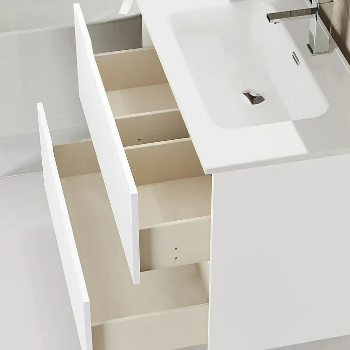 Artysan Conjunto de mueble de baño Zeus - Ancho: 80 cm, 3 pzs., Blanco, Mate - Detalle de un mueble de baño blanco con cajones abiertos, mostrando su diseño moderno y soluciones de almacenamiento prácticas.