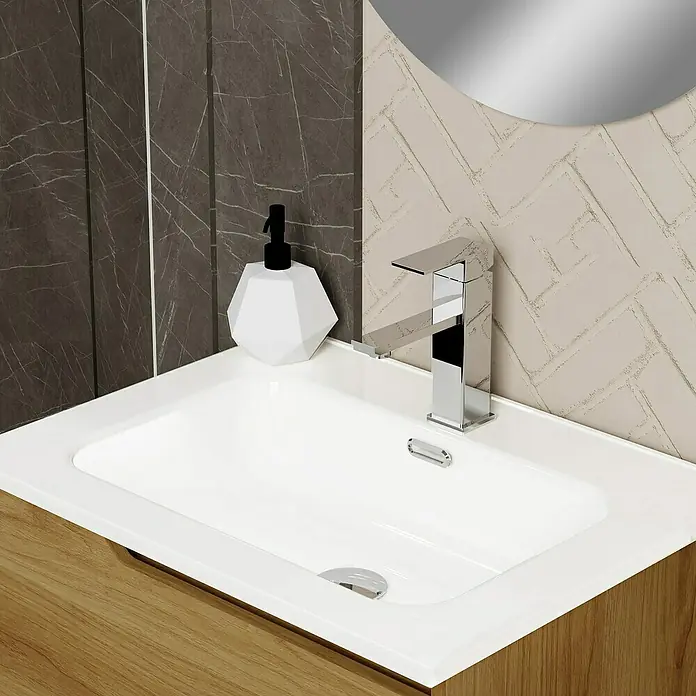 Artysan Conjunto de mueble de baño Zeus - Ancho: 60 cm, 3 pzs., Teka, Mate - Un tocador moderno con un lavabo elegante, un grifo elegante y un dispensador de jabón. Ideal para realzar la estética de cualquier baño.