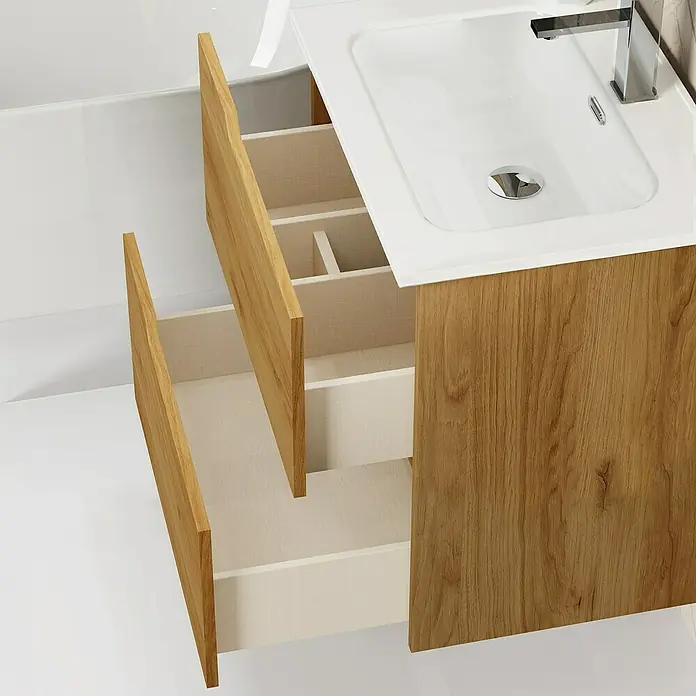 Artysan Conjunto de mueble de baño Zeus - Ancho: 60 cm, 3 pzs., Teka, Mate - Mueble de baño con lavabo y dos cajones abiertos, que ofrece una vista de la división interna de los compartimentos. Diseño elegante para cualquier baño.