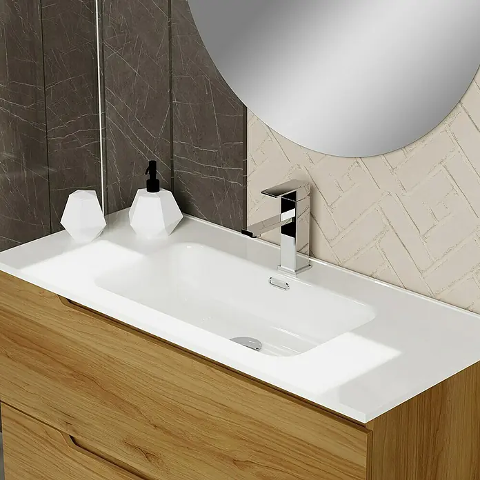 Artysan Conjunto de mueble de baño Zeus - Ancho: 100 cm, 3 pzs., Teka, Mate - Primer plano de un tocador de baño moderno con lavabo blanco, grifo y gabinete de madera.