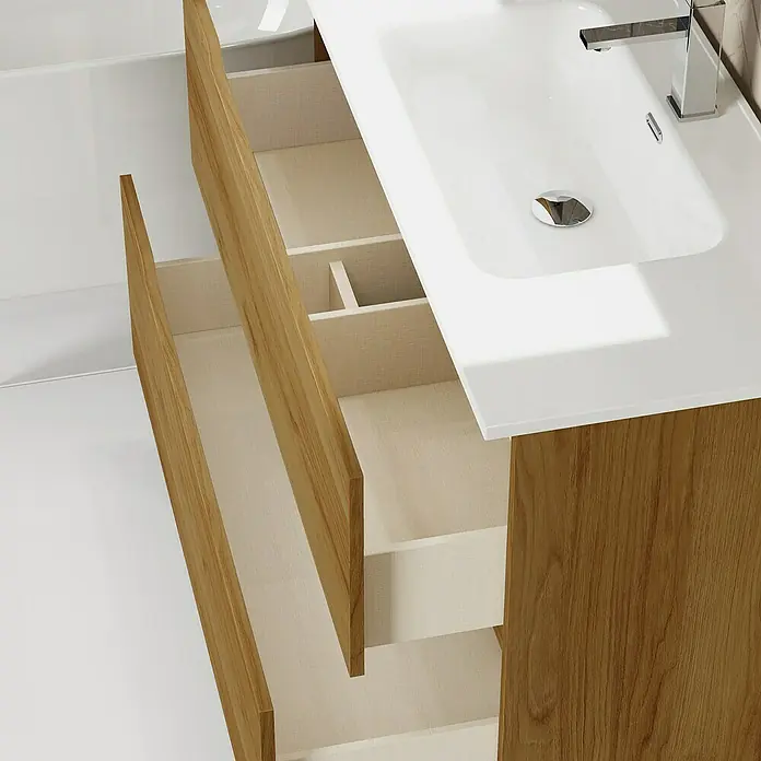 Artysan Conjunto de mueble de baño Zeus - Ancho: 100 cm, 3 pzs., Teka, Mate - Detalle de un mueble de baño con cajones abiertos y un lavabo moderno. Presenta detalles de madera y diseño minimalista.