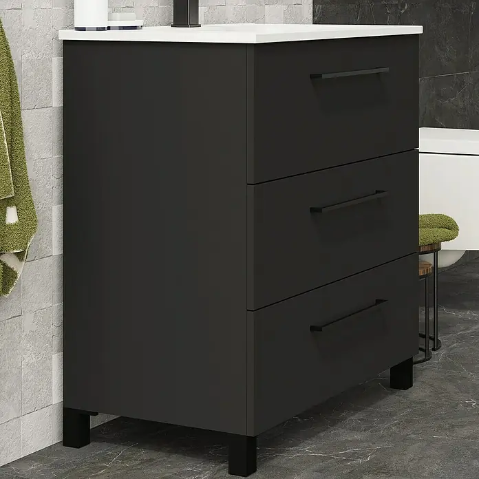 Artysan Conjunto de mueble de baño Arosa 3C - Ancho: 80 cm, 3 pzs., Negro, Mate - Mueble de baño negro con tres cajones y encimera blanca para un diseño de baño elegante.