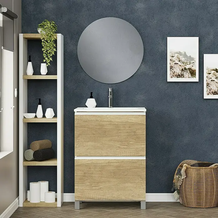 Artysan Mueble bajo de lavabo Barcelona 2C - L x An x Al: 44,6 x 60 x 83,3 cm, Nature - Mueble de baño de madera clara con dos cajones, espejo redondo y estantería.