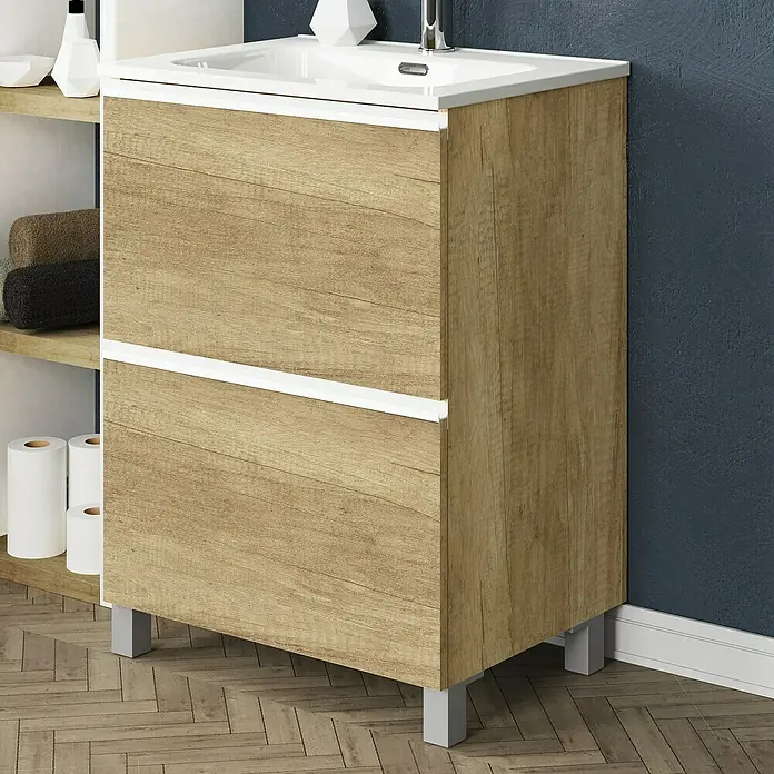 Artysan Mueble bajo de lavabo Barcelona 2C - L x An x Al: 44,6 x 60 x 83,3 cm, Nature - Mueble de baño moderno con aspecto de madera, encimera blanca y estantes.