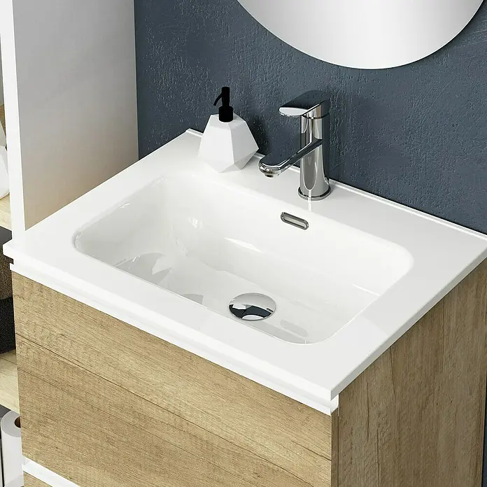 Artysan Mueble bajo de lavabo Barcelona 2C - L x An x Al: 44,6 x 60 x 83,3 cm, Nature - Primer plano de un moderno mueble de baño con acabado de madera y lavabo blanco, ideal para baños elegantes.