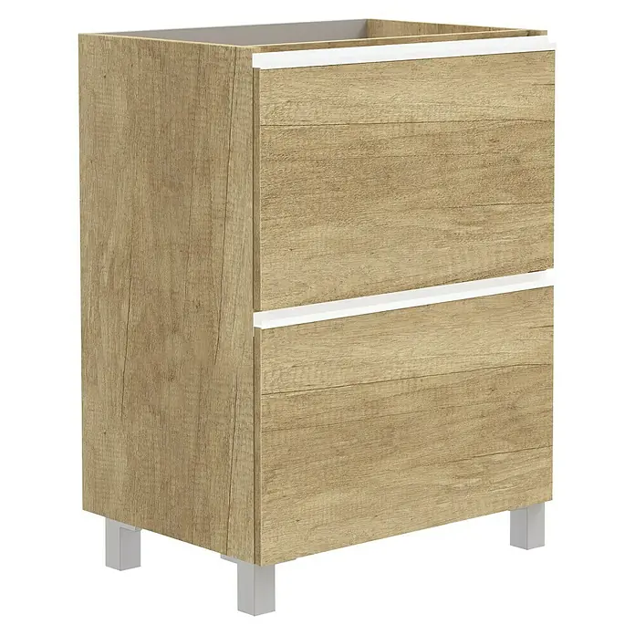 Artysan Mueble bajo de lavabo Barcelona 2C - L x An x Al: 44,6 x 60 x 83,3 cm, Nature - Un moderno mueble de baño en aspecto de madera con dos cajones y pies plateados. ¡Perfecto para cualquier baño! Gran solución de almacenamiento.