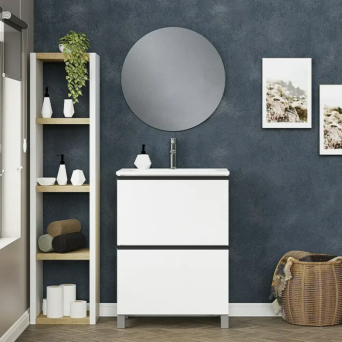 Artysan Mueble bajo de lavabo Barcelona 2C - L x An x Al: 44,6 x 60 x 83,3 cm, Blanco - Elegante interior de baño que muestra un moderno tocador blanco, un espejo redondo y elementos decorativos elegantes para un ambiente armonioso.