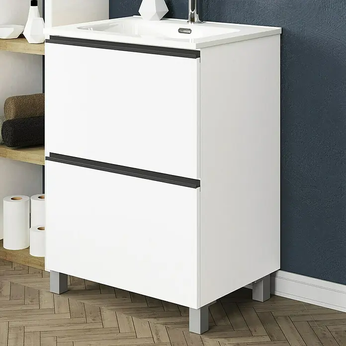 Artysan Mueble bajo de lavabo Barcelona 2C - L x An x Al: 44,6 x 60 x 83,3 cm, Blanco - Imagen de un mueble de baño con dos cajones en blanco con un tirador negro y un lavabo encima.