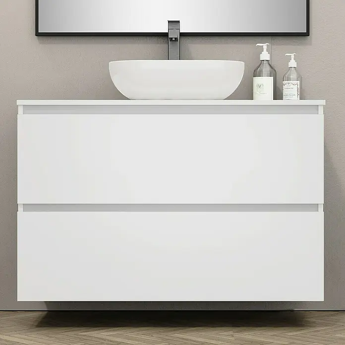 Artysan Mueble bajo de lavabo Kenia Top - Ancho: 100 cm, Blanco - Un tocador blanco moderno con un lavabo sobre encimera y grifo, complementado con dispensadores de jabón elegantes.