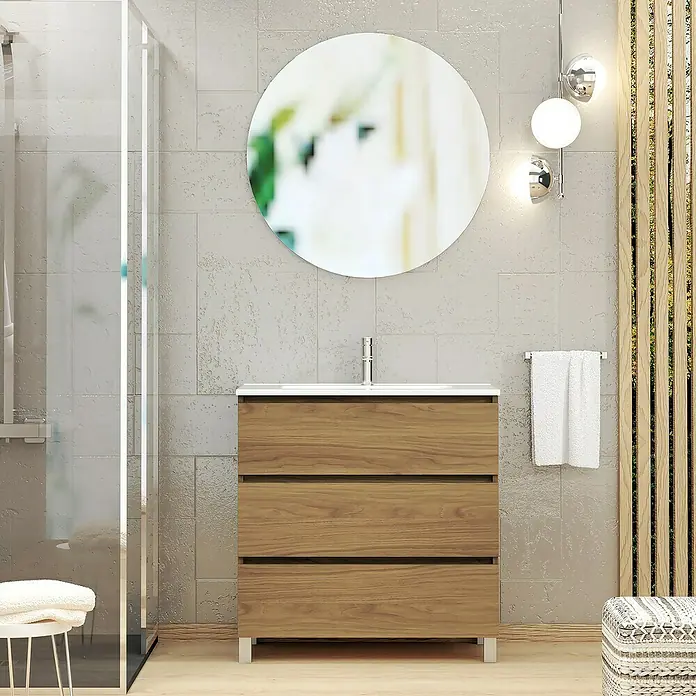 Artysan Conjunto de mueble de baño Basic 3C - Ancho: 80 cm, Ancho total del mueble de baño: 80 cm, Roble waira, 3 pzs. - Mueble de baño con mueble de lavabo de madera, espejo redondo y toallero. Diseño atemporal para tu baño.