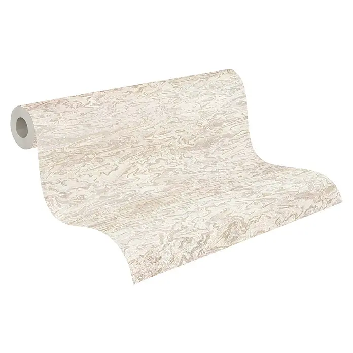 A.S. Création My Home My Spa Vliestapete Marmor - Creme/Rosè, Steinoptik, 10,05 x 0,53 m - Nahaufnahme einer Rolle beiger Tapete mit einem marmorähnlichen Muster, ideal für die Wandgestaltung im Innenbereich.