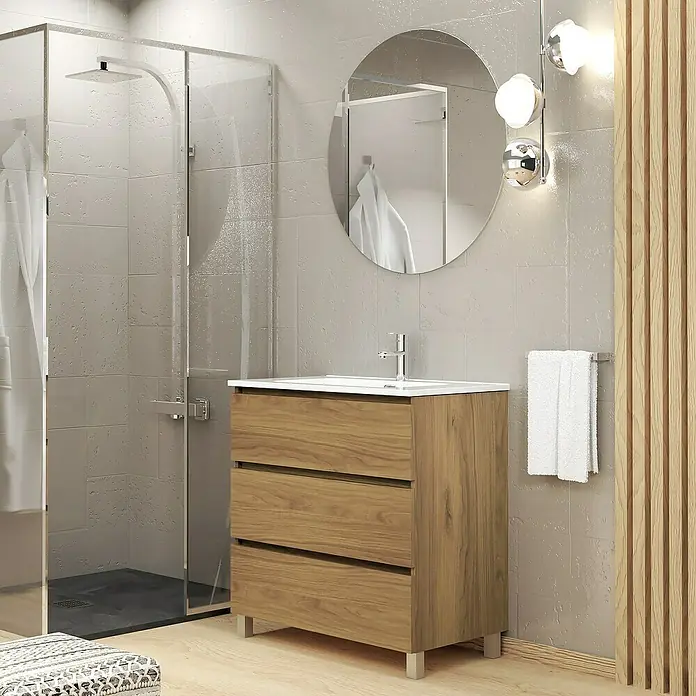 Artysan Conjunto de mueble de baño Basic 3C - Ancho: 80 cm, Ancho total del mueble de baño: 80 cm, Roble waira, 3 pzs. - Moderno mueble de baño con textura de madera, elementos blancos y espejo para un ambiente elegante y funcional.