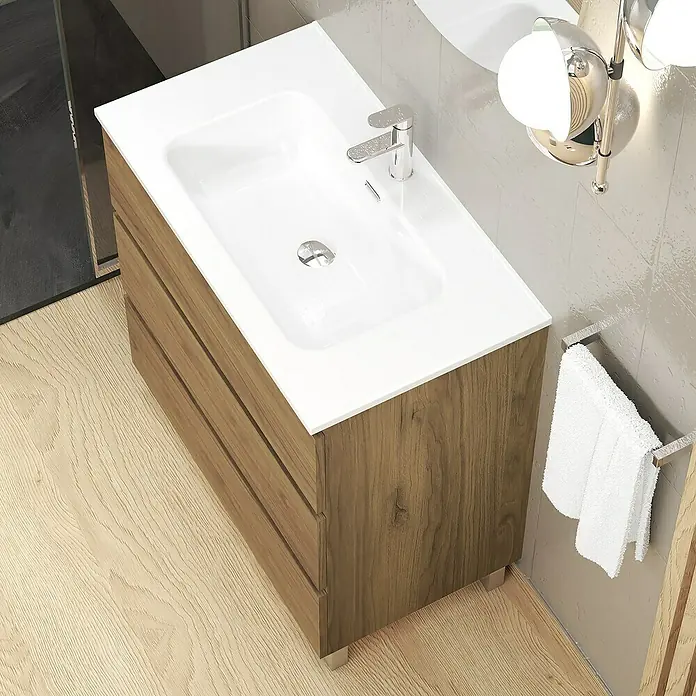 Artysan Conjunto de mueble de baño Basic 3C - Ancho: 80 cm, Ancho total del mueble de baño: 80 cm, Roble waira, 3 pzs. - Un moderno mueble de baño con acabado en madera y una encimera blanca con un lavabo integrado. Ideal para cualquier baño.