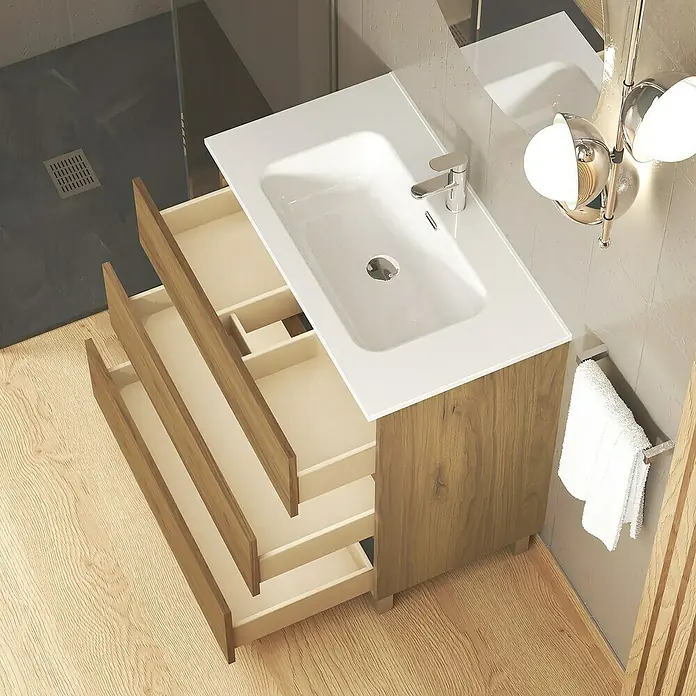 Artysan Conjunto de mueble de baño Basic 3C - Ancho: 80 cm, Ancho total del mueble de baño: 80 cm, Roble waira, 3 pzs. - Baño moderno con tocador de aspecto de madera, lavabo blanco y cajones abiertos para guardar los elementos esenciales del baño.
