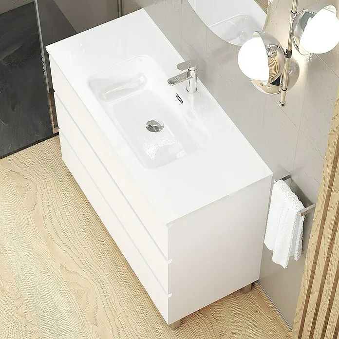 Artysan Conjunto de mueble de baño Basic 3C - Ancho: 100 cm, Ancho total del mueble de baño: 100 cm, Blanco, Mate, 3 pzs. - Lavabo de baño moderno con acabado brillante y tres cajones para guardar artículos de baño. Incluye toallero.