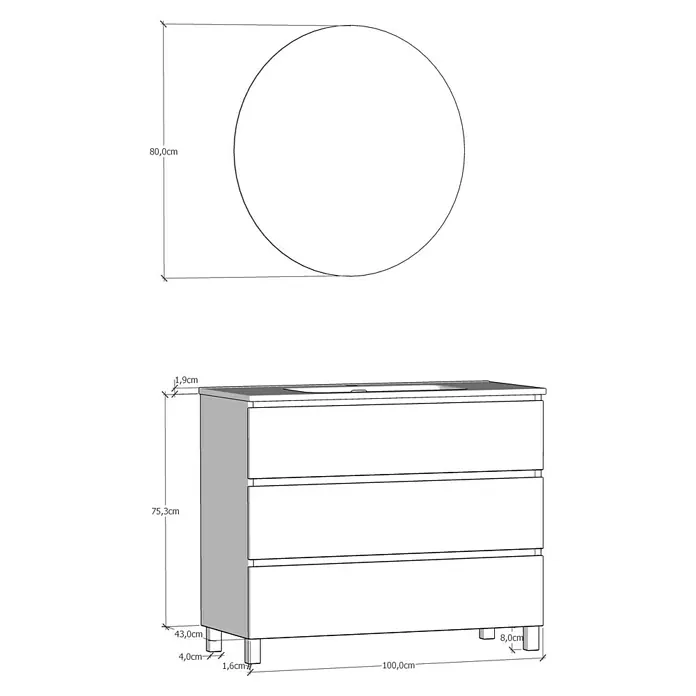 Artysan Conjunto de mueble de baño Basic 3C - Ancho: 100 cm, Ancho total del mueble de baño: 100 cm, Blanco, Mate, 3 pzs. - Representación de un mueble de baño con tres cajones y un espejo redondo encima, incluyendo dimensiones.