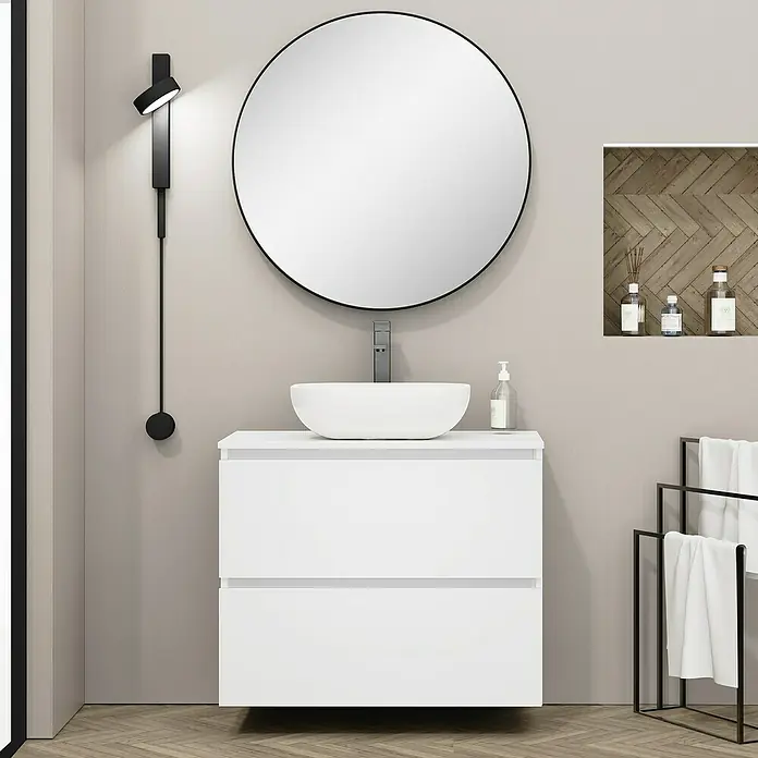 Artysan Mueble bajo de lavabo Kenia Top - L x An x Al: 46 x 80 x 65,6 cm, Blanco - Elegante lavabo de baño con espejo redondo, aplique negro y mueble blanco para una estética moderna.