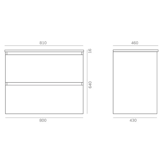 Artysan Mueble bajo de lavabo Kenia Top - L x An x Al: 46 x 80 x 65,6 cm, Antracita - Un dibujo técnico de un mueble de baño con cajones, mostrando las medidas de 810 x 460 x 640 mm.