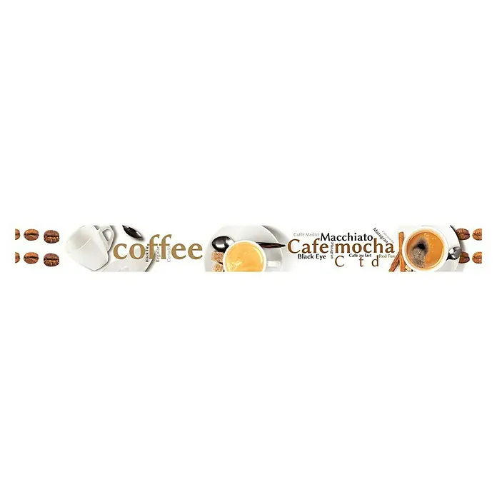 Cenefa para baldosas Cafes - 6 x 60 cm, Multicolor - Imagen del producto con temas de café, incluidas tazas, granos y letras de varios tipos de café. Perfecto para los amantes del café.