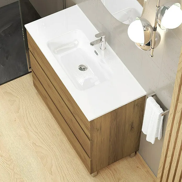 Artysan Conjunto de mueble de baño Basic 3C - Ancho: 90 cm, Ancho total del mueble de baño: 90 cm, Roble waira, 3 pzs. - Un tocador moderno con lavabo blanco y vetas de madera ofrece un diseño elegante para el baño.