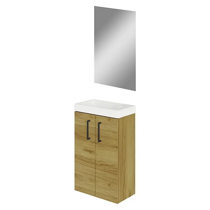 Artysan Conjunto de mueble de baño Super Mini - Roble waira, 3 pzs. - Un mueble de baño con acabado en roble y un espejo encima, perfecto para cualquier baño moderno.
