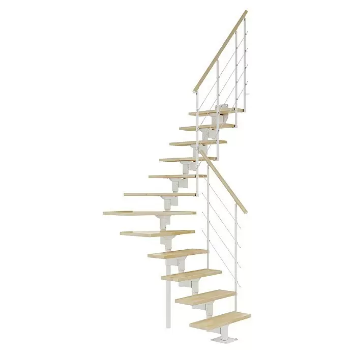 Dolle Mittelholmtreppe Boston - Breite: 74 mm, Verkehrsweiß, 1/4-gewendelt, Farbe Stufen: Buche Natur, Geschosshöhe: 228 cm - 300 cm - Moderne Wendeltreppe mit hellen Holzstufen, weißem Metallrahmen und Holzhandlauf.