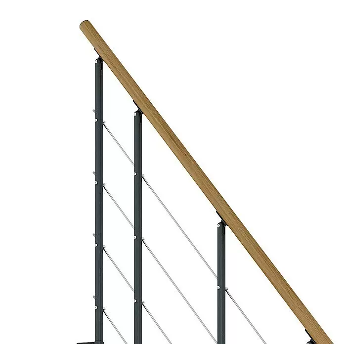 Dolle Mittelholmtreppe Boston - Breite: 74 mm, Anthrazitgrau, 1/4-gewendelt, Farbe Stufen: Eiche Natur, Geschosshöhe: 228 cm - 300 cm - Modernes Treppengeländer mit schräger Holzhandlauf, dunkelgrauen Pfosten und silberner Drahtfüllung.