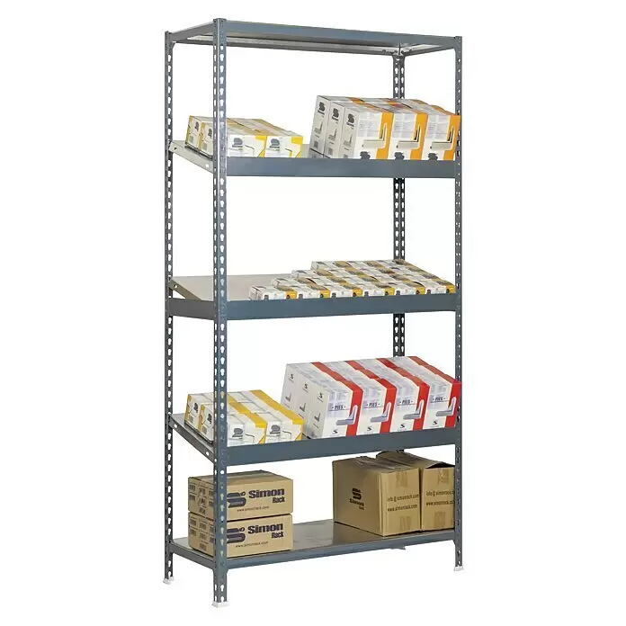 Simonrack Simonclick Estantería metálica Simonexpo Plus - Al x An x Pr: 200 x 100 x 50 cm, Capacidad de carga por balda: 200 kg, Número de baldas: 5 ud., Inserción, Gris - Estantería metálica gris con múltiples baldas, utilizada para almacenar cajas de productos.